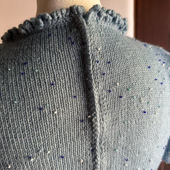 1960s VINTAGE | Unique Blue Beaded V Neck Sweater Dress | Approx size Small Med - Picture 10 of 10